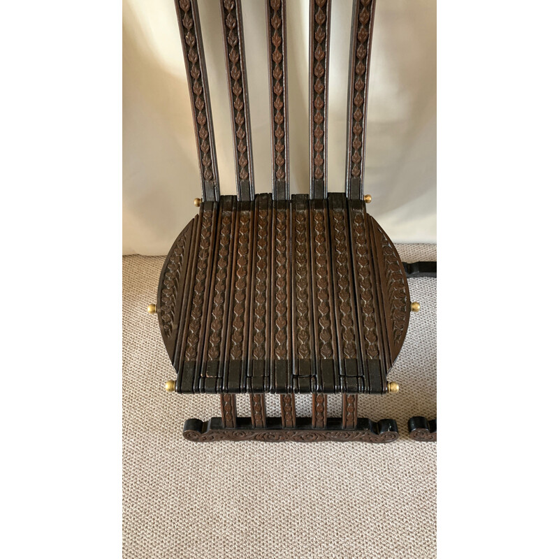 Pair of vintage folding chairs in mother-of-pearl inlaid wood, Syria 1910