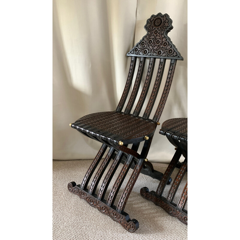 Pair of vintage folding chairs in mother-of-pearl inlaid wood, Syria 1910