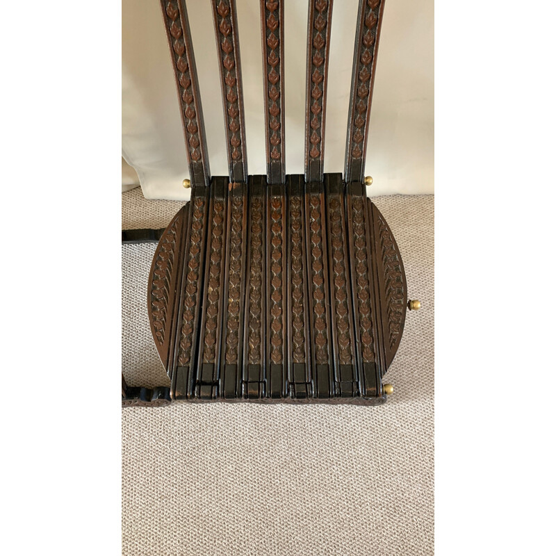 Pair of vintage folding chairs in mother-of-pearl inlaid wood, Syria 1910