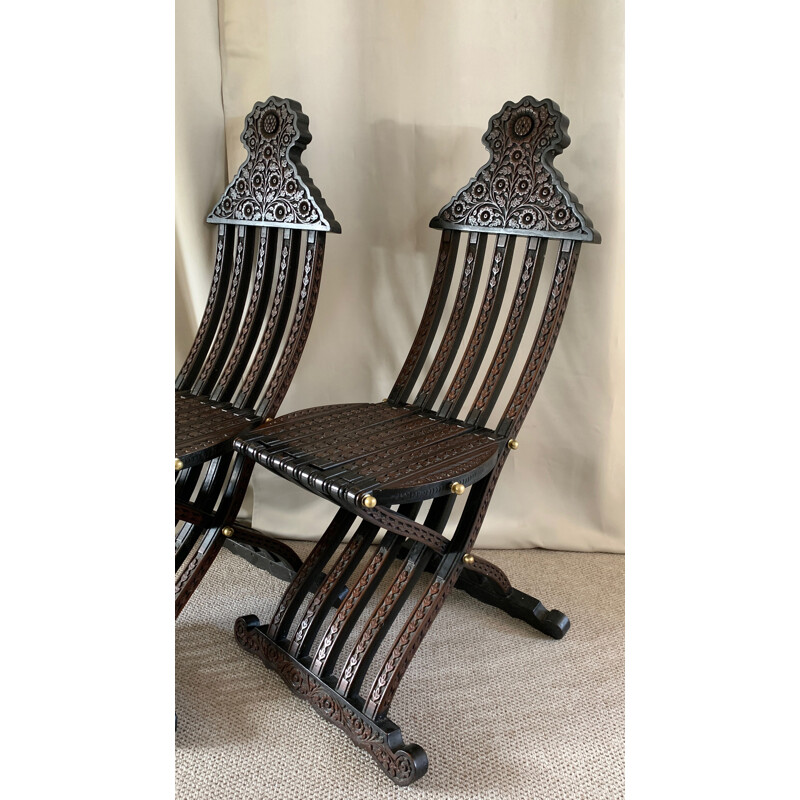 Pair of vintage folding chairs in mother-of-pearl inlaid wood, Syria 1910
