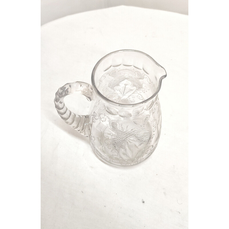 Vintage hand carved glass jug, France 1950s