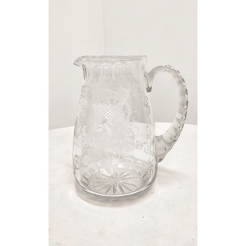Vintage hand carved glass jug, France 1950s