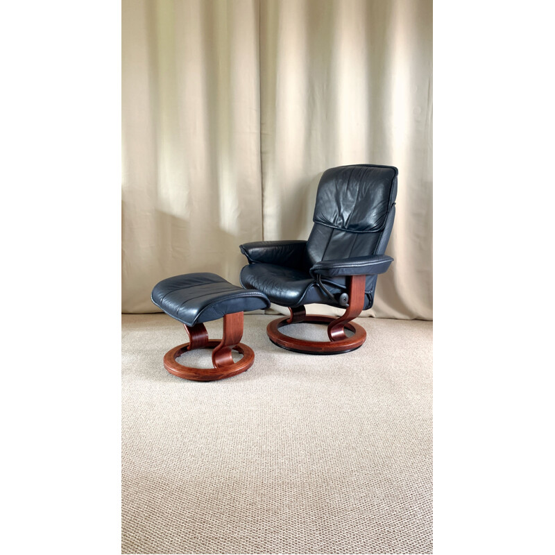 Mid century adjustable swivel leather armchair & ottoman by Ekornes Stressless, 1980s