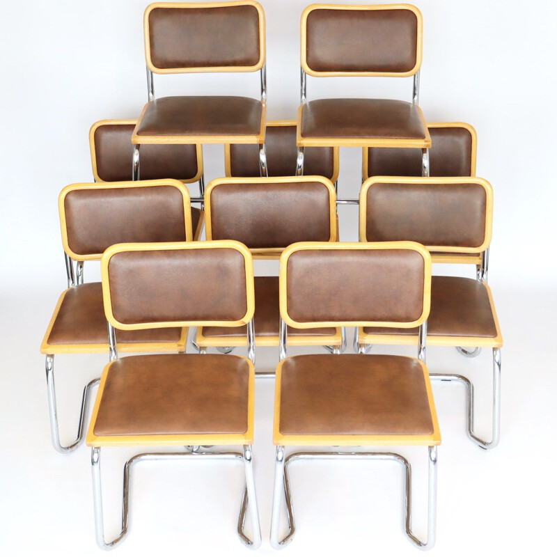 Set of 10 vintage brown skai stacking chairs, 1970s