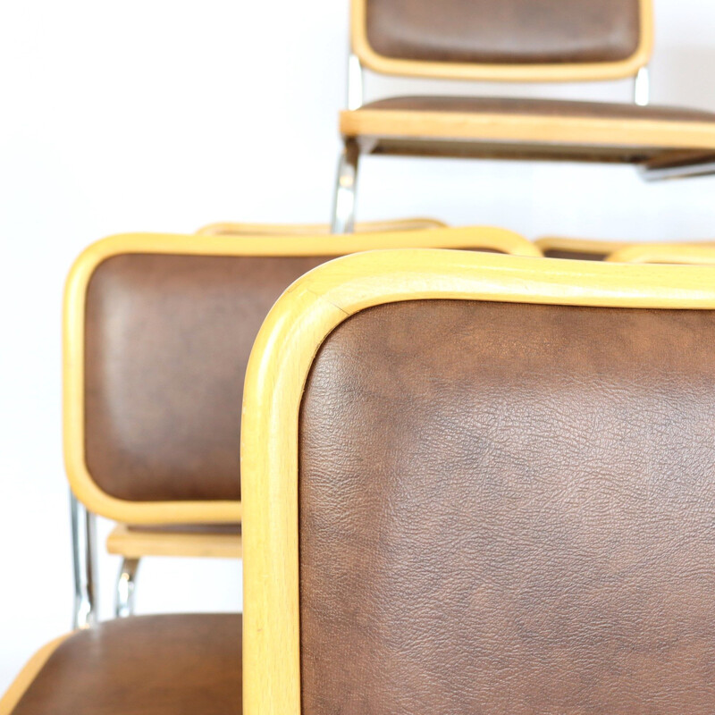 Set of 10 vintage brown skai stacking chairs, 1970s