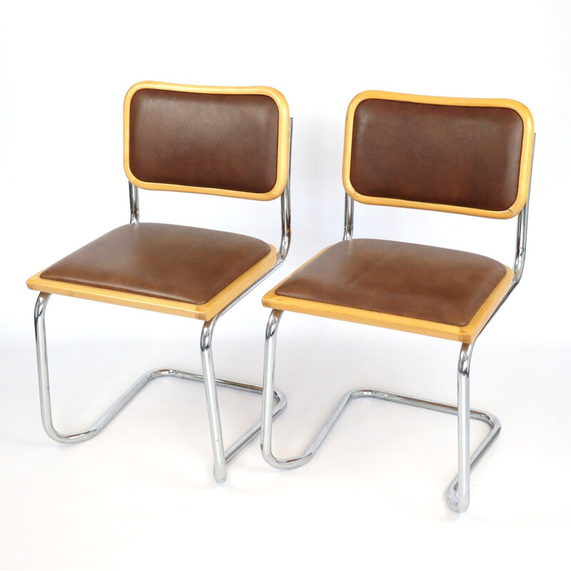 Set of 10 vintage brown skai stacking chairs, 1970s