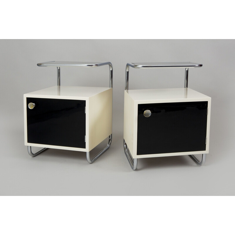 Pair of vintage black and white bedside tables, Czechoslovakia 1940