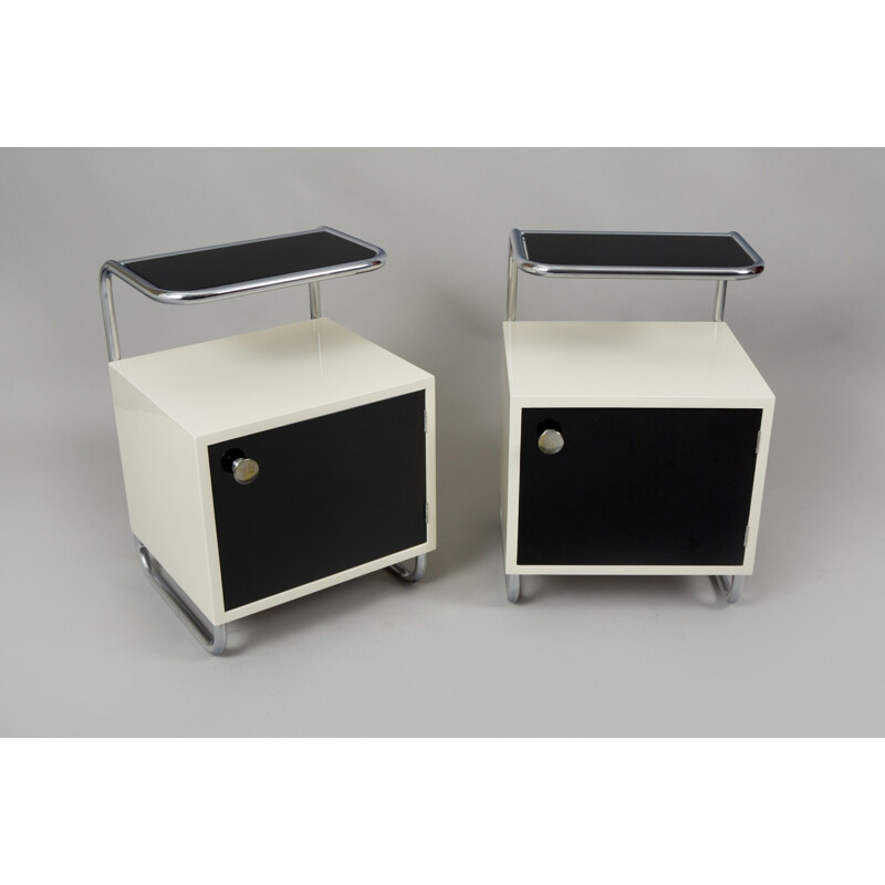 Pair of vintage black and white bedside tables, Czechoslovakia 1940