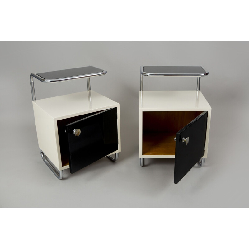 Pair of vintage black and white bedside tables, Czechoslovakia 1940