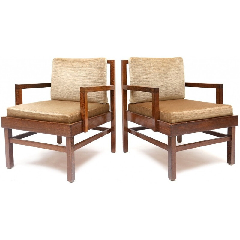 Pair of mid-century Wengé armchairs in wood and beige fabric - 1950s