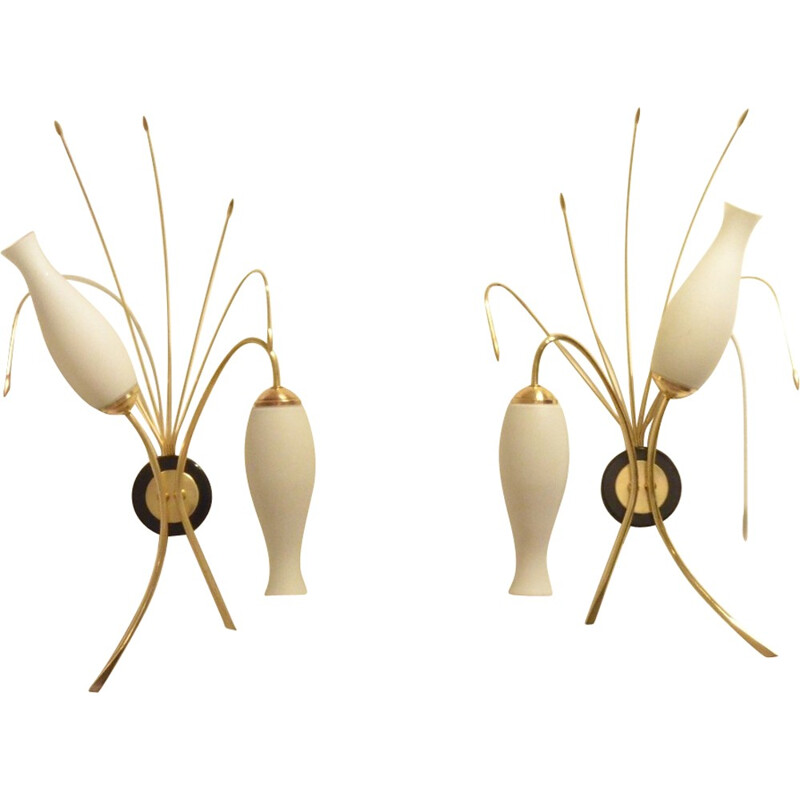 Pair of French Maison Arlus wall lamps in opaline glass - 1950s