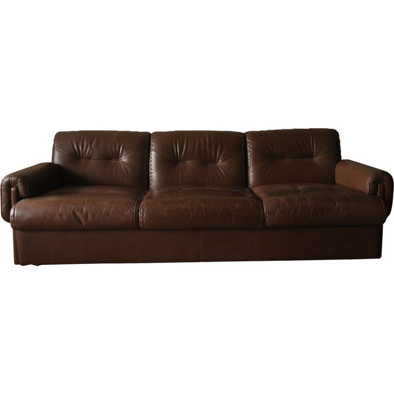 Vintage brown leather 3 seaters sofa with stitched profile, France 1960s