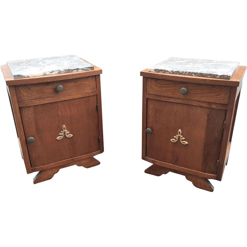 Pair of vintage Art Deco night stands in oakwood and grey marble, France 1930-1940