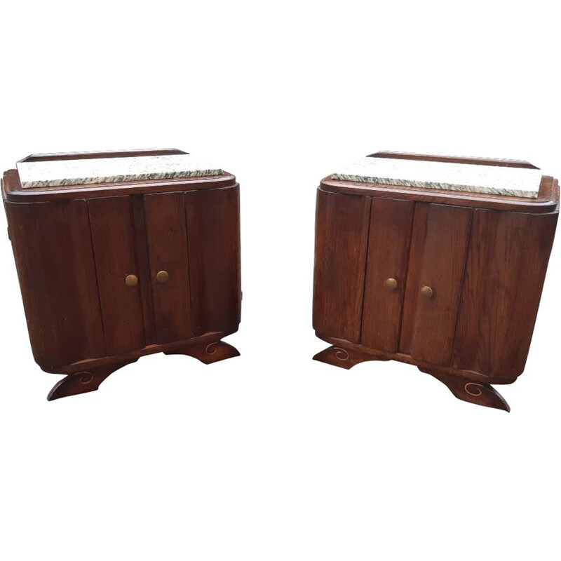 Pair of vintage Art deco oakwood and green marble night stands with 2 doors, France 1930-1940s