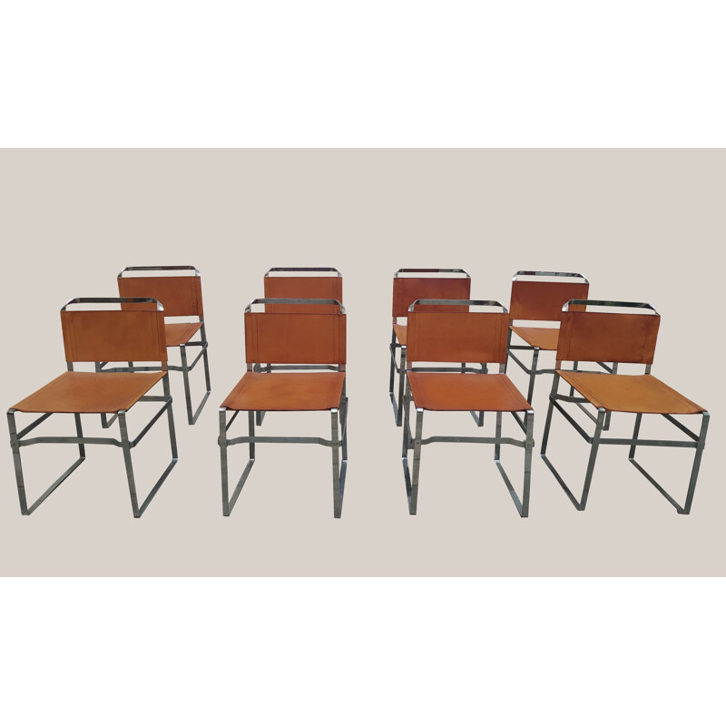 Set of 8 vintage metal and leather chairs by Xavier David for Ny Form, 1970