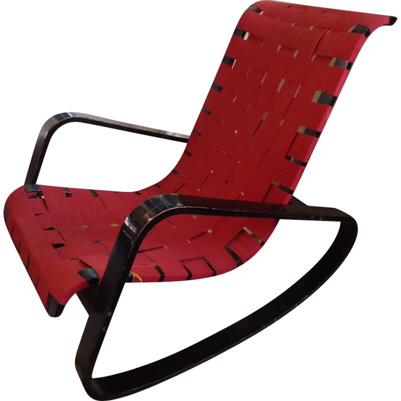 Italian "Dondolo" rocking chair in lacquered beech and red cotton, Luigi CRASSEVIG - 1970s