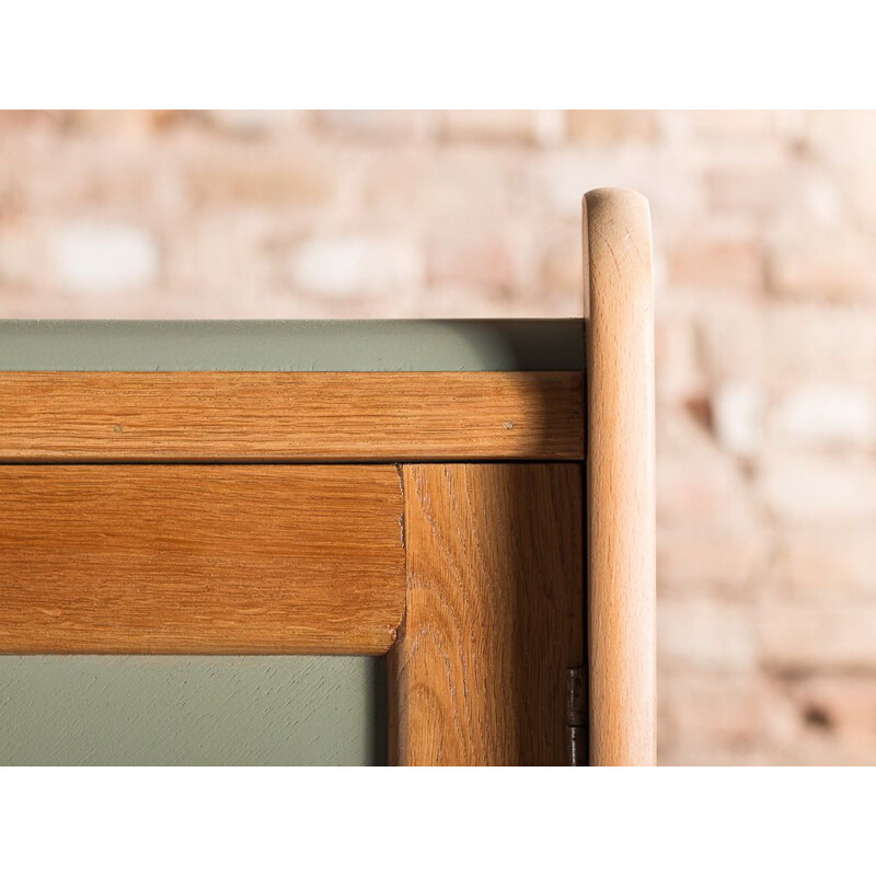 Vintage boarding school cloakroom cabinet in smoked green and wood