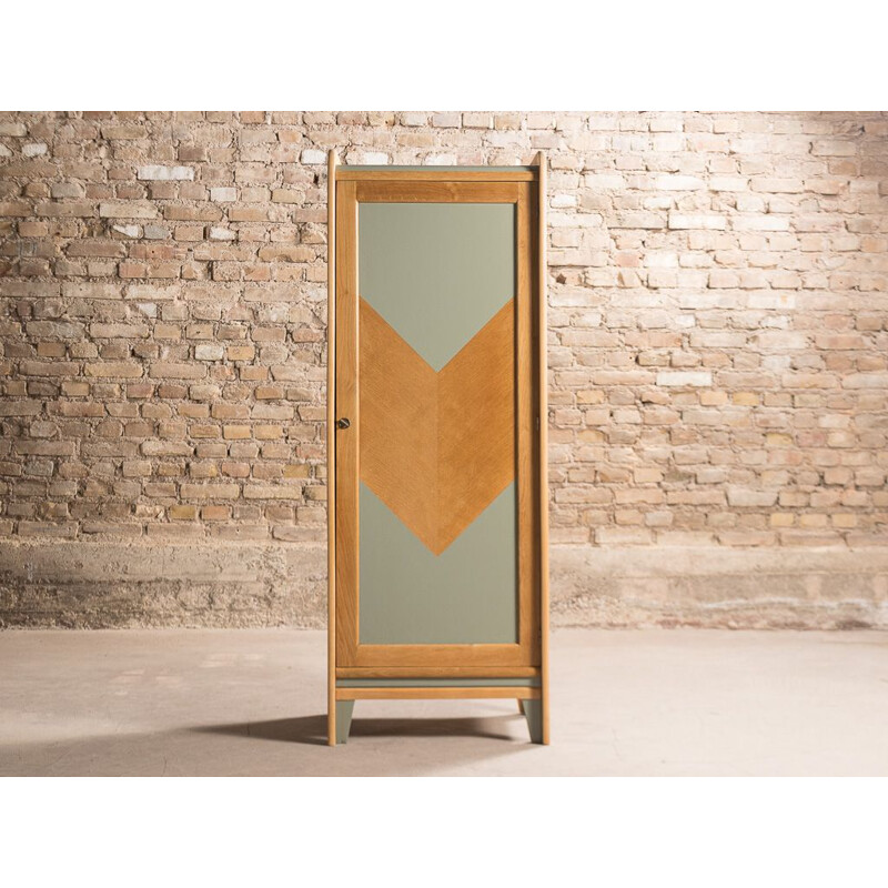 Vintage boarding school cloakroom cabinet in smoked green and wood