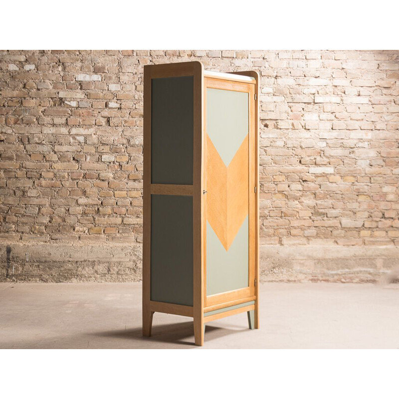 Vintage boarding school cloakroom cabinet in smoked green and wood