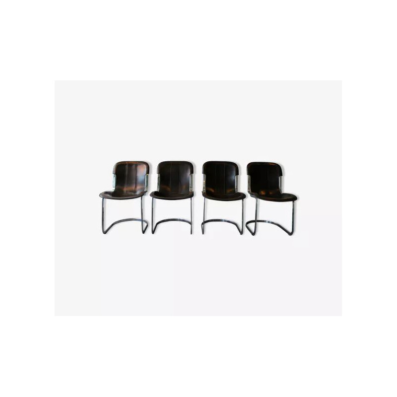 Ensemble de 4 chaises C2 vintage en cuir et chrome par Cidue, Italie 1970