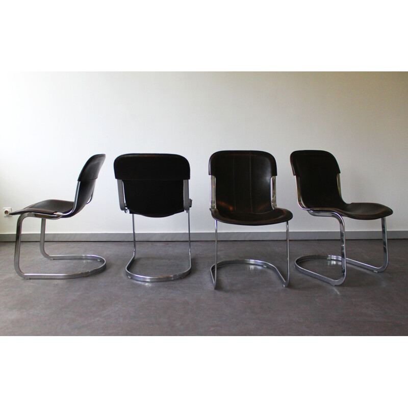 Ensemble de 4 chaises C2 vintage en cuir et chrome par Cidue, Italie 1970