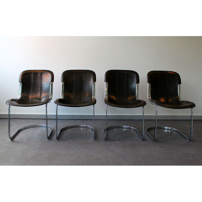 Conjunto de 4 cadeiras C2 vintage em couro e cromadas por Cidue, Itália 1970