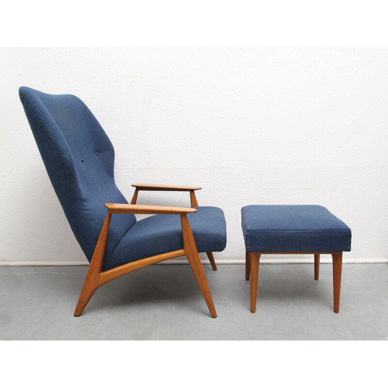 Scandinavian vintage armchair with cherry wood ottoman and blue fabric, 1960