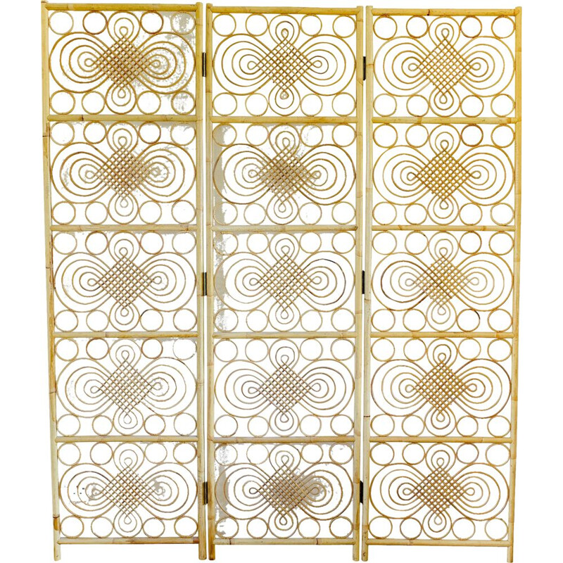 Vintage bamboo 3 panel room divider, 1970s