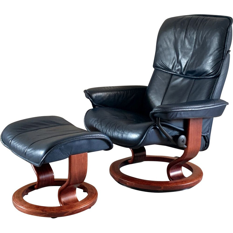 Mid century adjustable swivel leather armchair & ottoman by Ekornes Stressless, 1980s