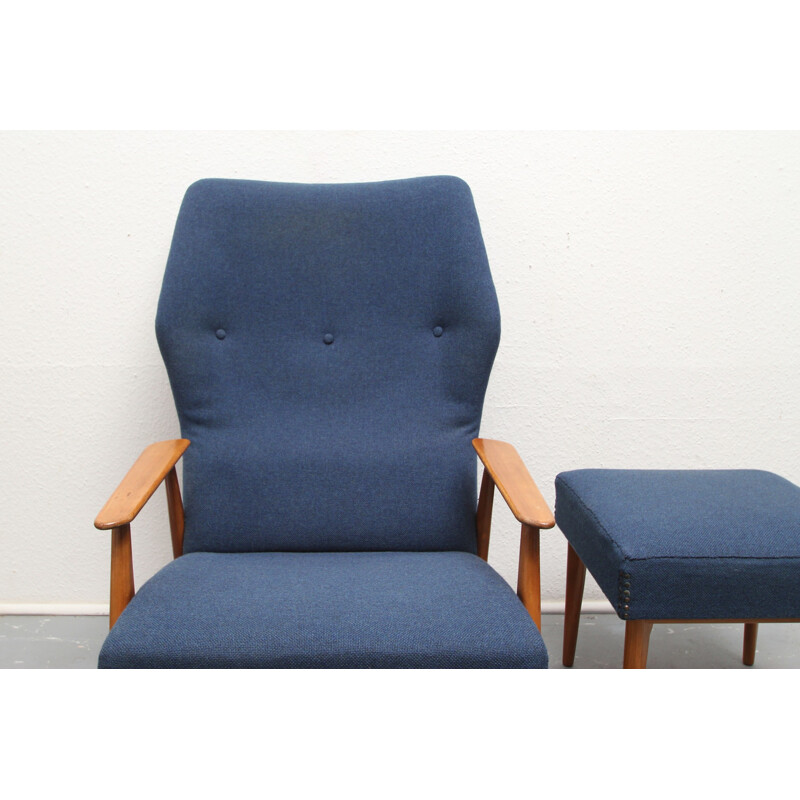 Scandinavian vintage armchair with cherry wood ottoman and blue fabric, 1960