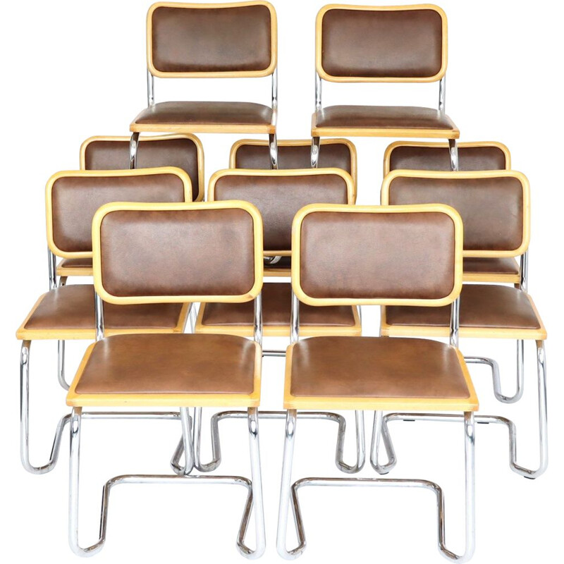 Set of 10 vintage brown skai stacking chairs, 1970s