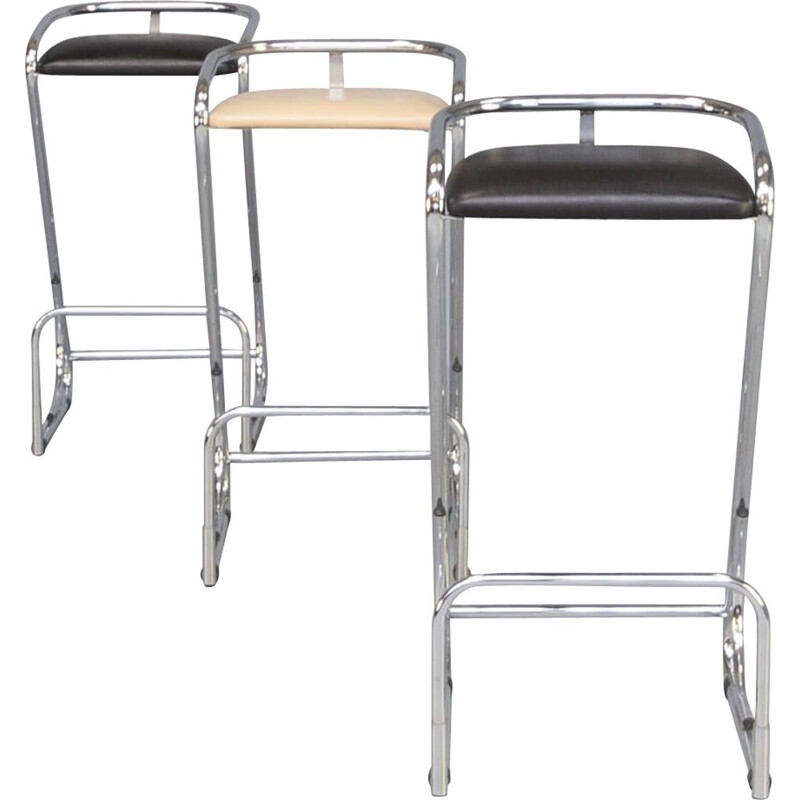 Set of 3 vintage bar stools in chrome and skai, 1980