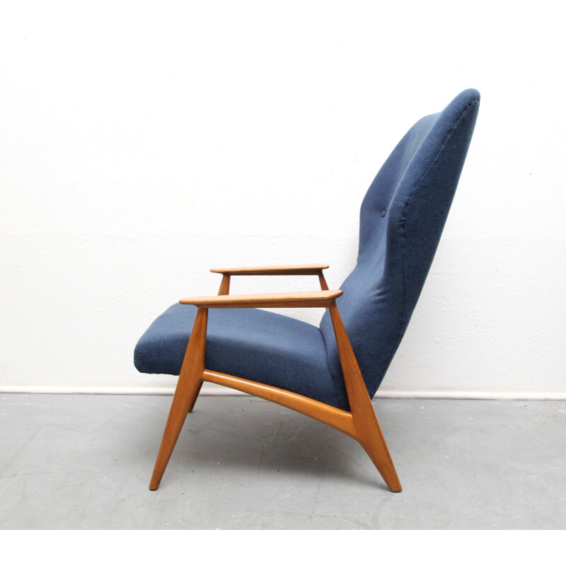 Scandinavian vintage armchair with cherry wood ottoman and blue fabric, 1960