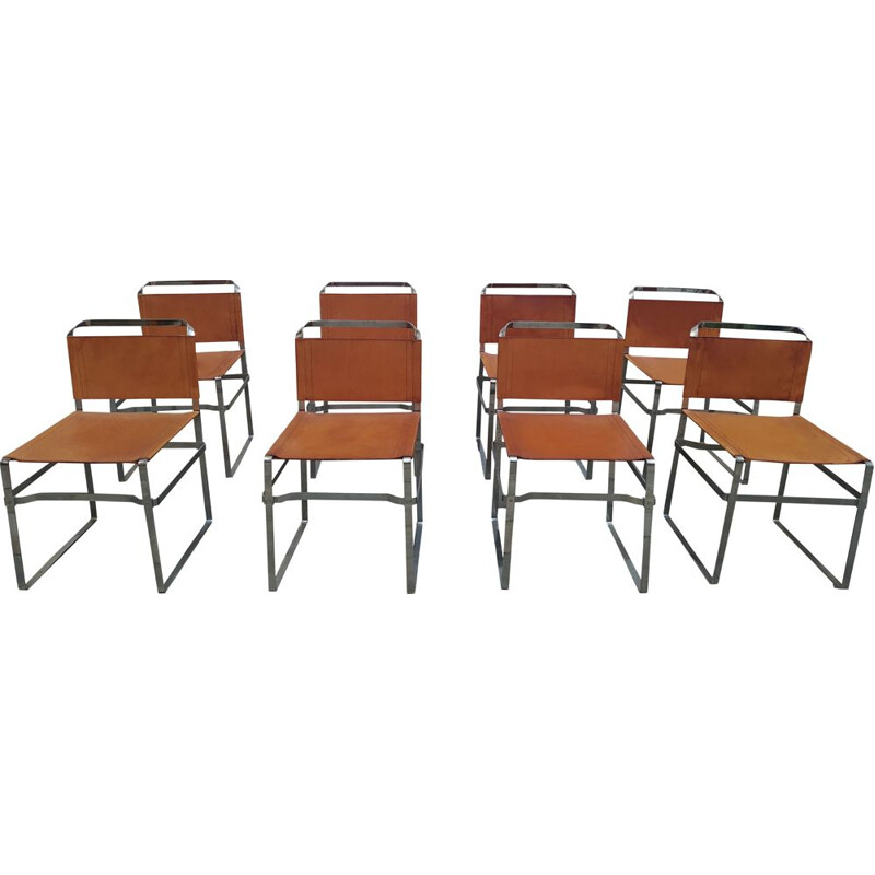 Set of 8 vintage metal and leather chairs by Xavier David for Ny Form, 1970