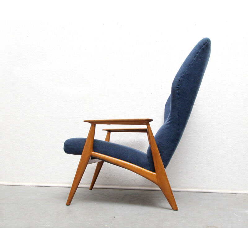 Scandinavian vintage armchair with cherry wood ottoman and blue fabric, 1960