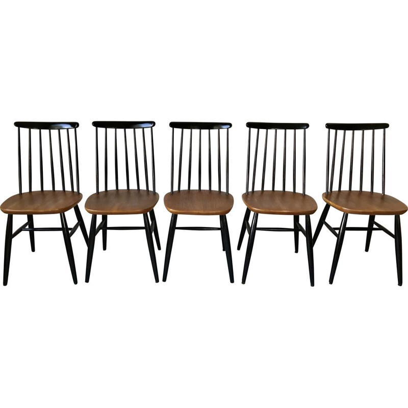 Lot de 5 chaises vintage scandinaves bicolore en hêtre