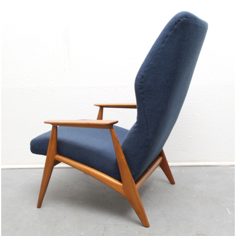 Danish armchair in cherry wood and dark blue fabric - 1960s