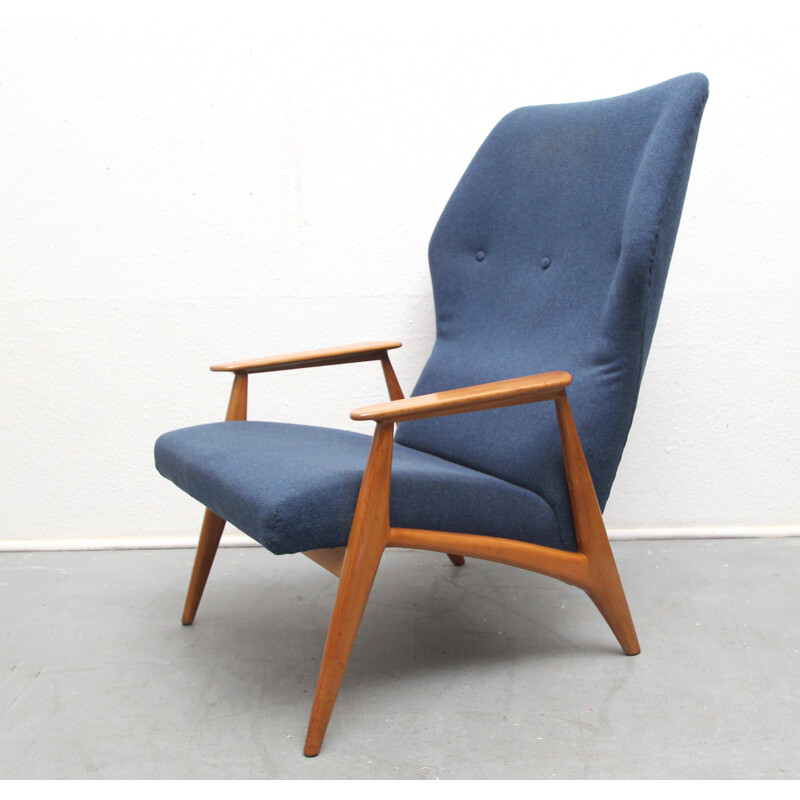 Danish armchair in cherry wood and dark blue fabric - 1960s