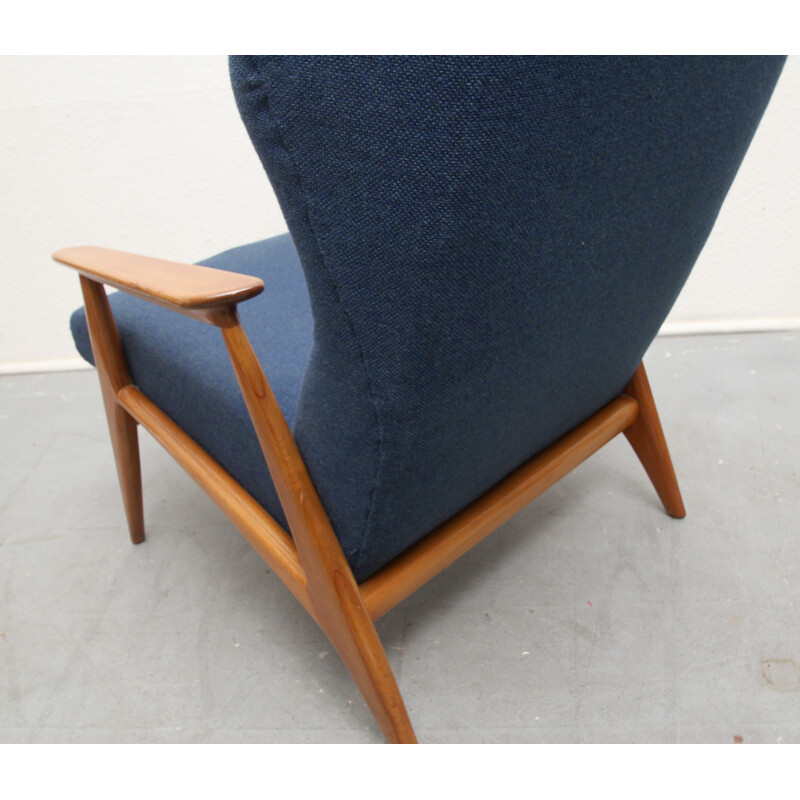 Danish armchair in cherry wood and dark blue fabric - 1960s