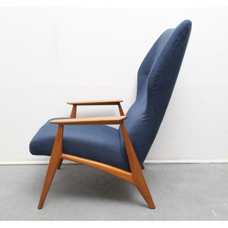 Danish armchair in cherry wood and dark blue fabric - 1960s