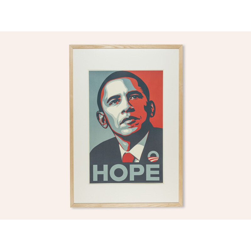 Vintage election poster with handmade ash wood frame of Barack Obama, 2008