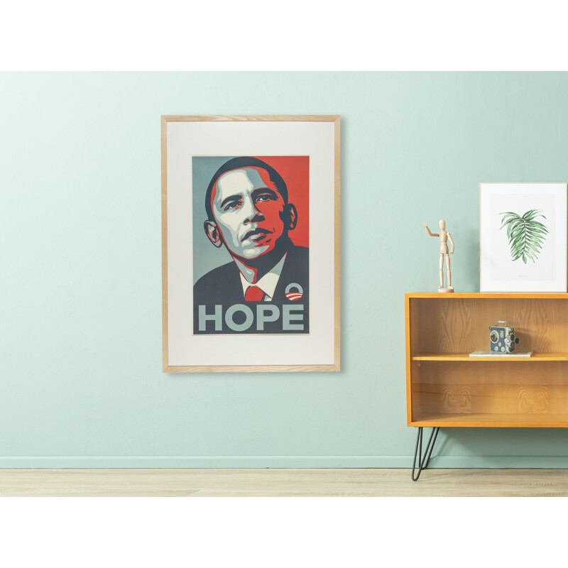 Vintage election poster with handmade ash wood frame of Barack Obama, 2008