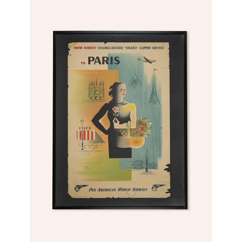 Vintage "Paris" travel poster framed in wood by Pan Am Airways, 1949