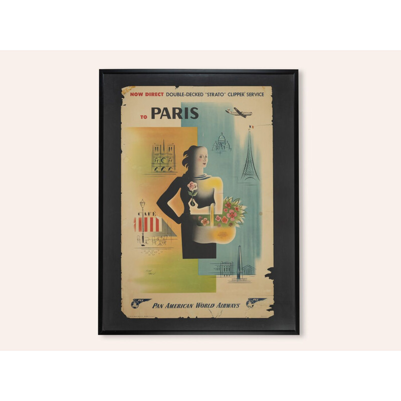 Vintage "Paris" travel poster framed in wood by Pan Am Airways, 1949