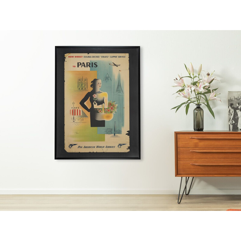 Vintage "Paris" travel poster framed in wood by Pan Am Airways, 1949