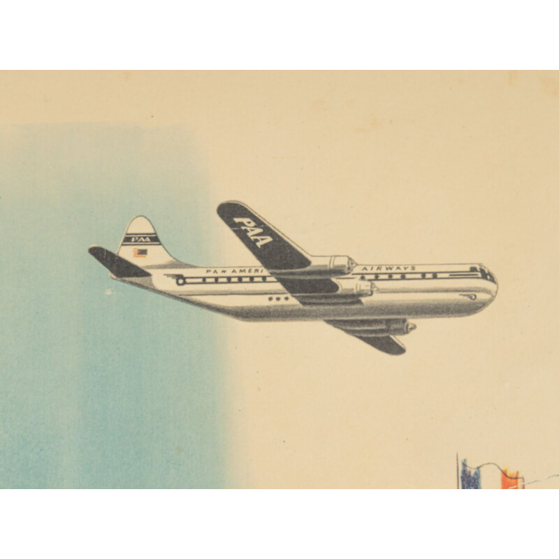 Vintage reisposter "Parijs" ingelijst in hout van Pan Am Airways, 1949