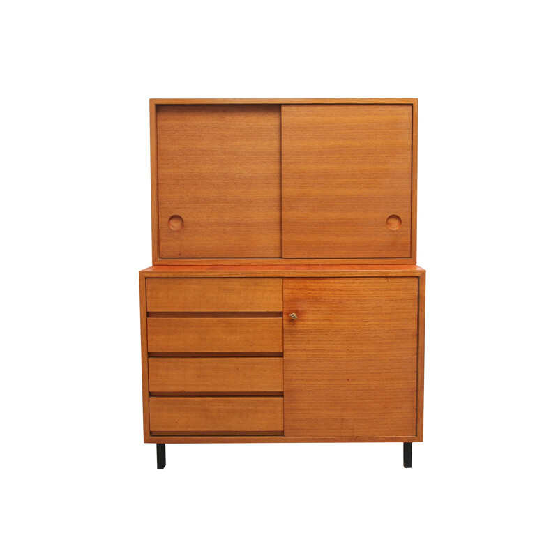 High cabinet in teak with drawers and sliding doors - 1960s