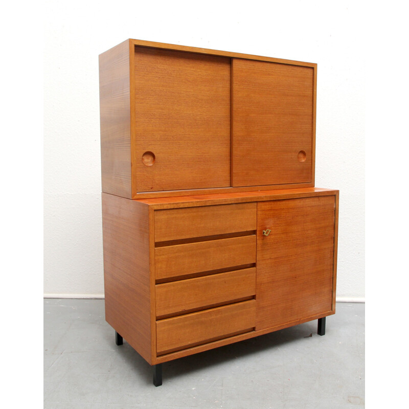 High cabinet in teak with drawers and sliding doors - 1960s