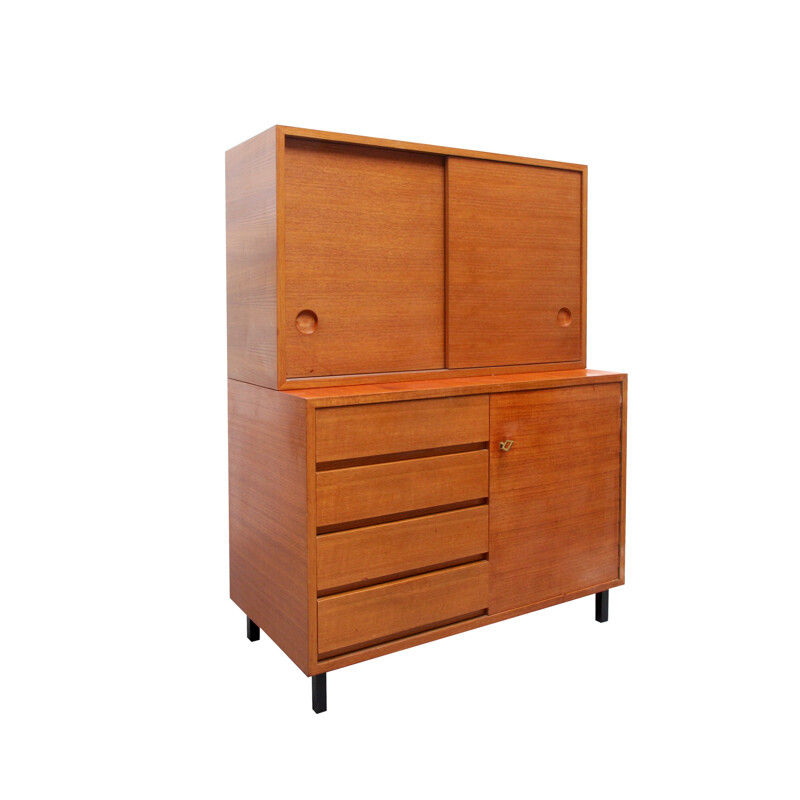 High cabinet in teak with drawers and sliding doors - 1960s