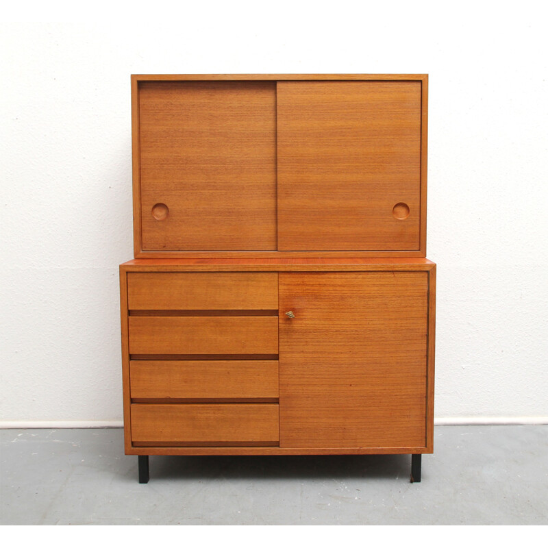 High cabinet in teak with drawers and sliding doors - 1960s